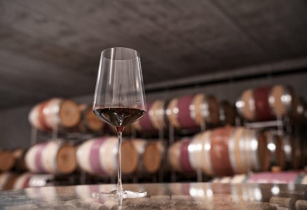 Weinglas mit Rotwein vor unscharfen Weinfässern im Hintergrund.