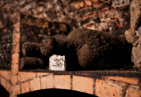 Verstaubte alte Weinflasche in einem ziegelsteinernen Weinkeller.