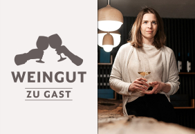 Frau mit Weinglas in modernem Weinkeller, links Weingut-Logo.