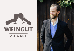 Mann in elegantem Anzug mit blauem Pullover, lächelnd vor Holzwand.