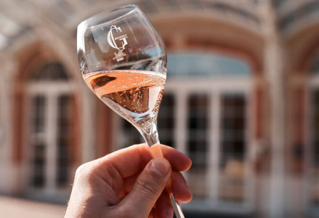 Hand hält Sektglas mit roséfarbenem Getränk vor elegantem Gebäude.