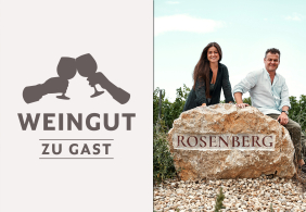 Zwei Personen sitzen auf einem großen Stein mit "ROSENBERG" im Weinberg.