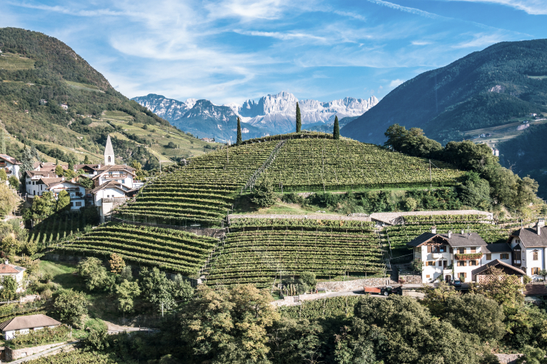 Blick auf malerische Weinberge mit traditionellen Häusern in bergiger Landschaft.
