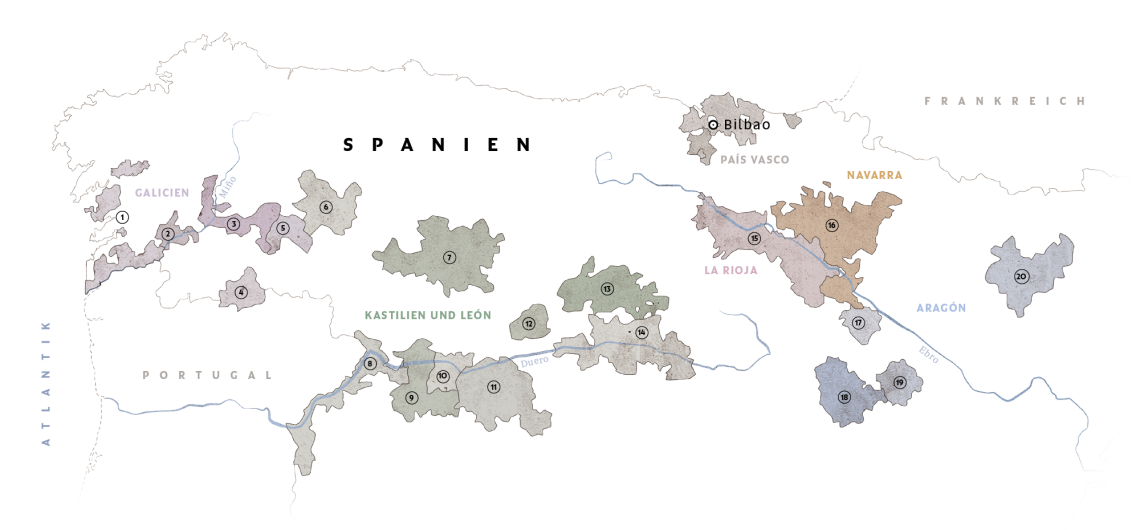 Karte von Nordspanien mit farblich gekennzeichneten Regionen und Flüssen.