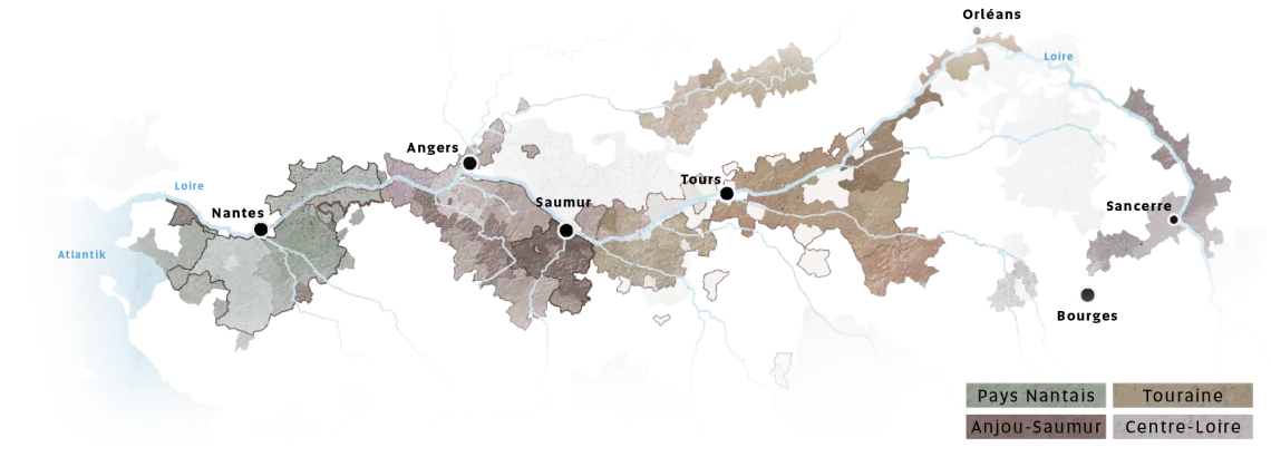 Karte der Region entlang der Loire mit farblich abgetrennten Weinbaugebieten.