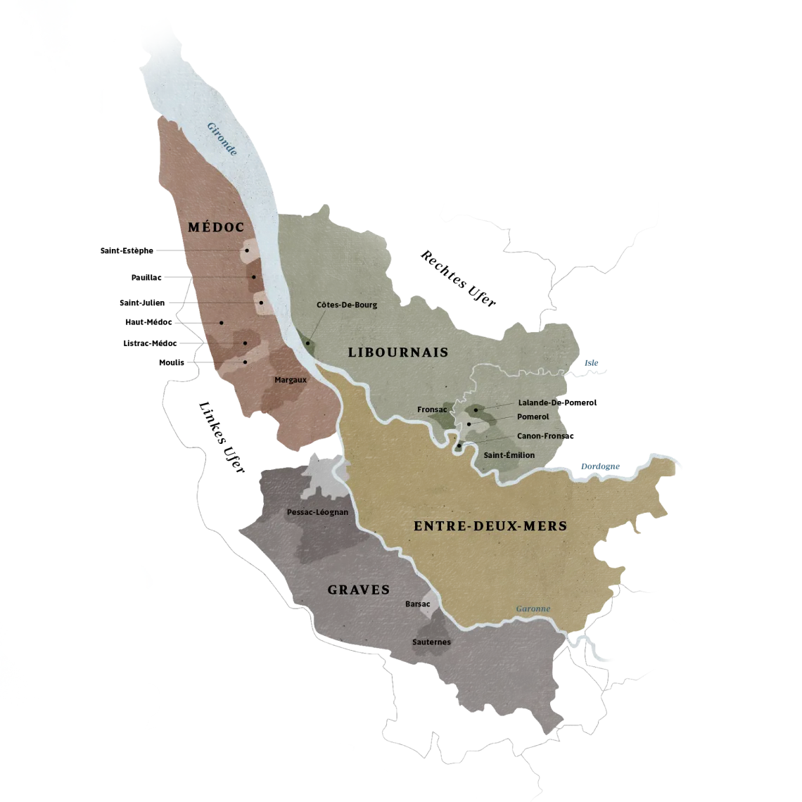 Farbige Weinregionen-Karte von Bordeaux mit verschiedenen Anbaugebieten.