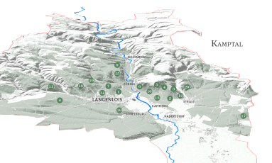 Karte des Kamptals mit markierten Punkten und Flussverlauf in Blau.