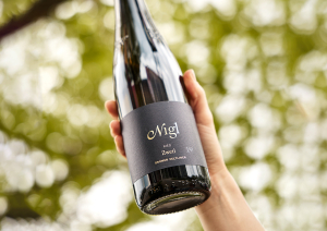 Flasche mit schwarzem Etikett vor verschwommenem, grünem Hintergrund.