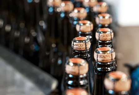 Reihe von Sektflaschen mit kupferfarbenen Korken in unscharfem Hintergrund.