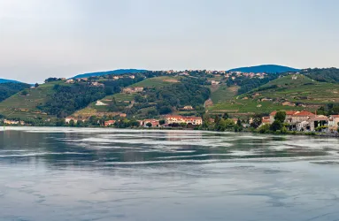 Flusslandschaft mit Hügeln, Bäumen und einer ländlichen Stadtsilhouette im Hintergrund.