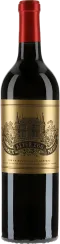 Rotweinflasche mit rotem Verschluss und goldener Etikette, verziert mit elegantem Chateau-Motiv.