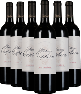 Sechs elegante Rotweinflaschen mit edlen Etiketten vor schwarzem Hintergrund.