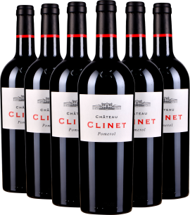 Sechs elegant gestaltete Rotweinflaschen mit rot-weißem Etikett und roten Kapseln.