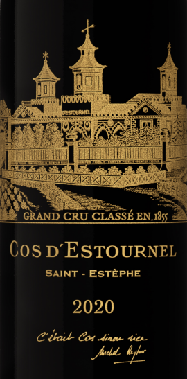 Schwarze Weinflasche mit goldfarbener, eleganter Illustration und Schriftzug.