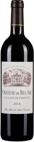 Dunkle Weinflasche mit edlem Etikett und Abbildung eines Châteaus.