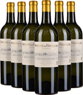 Sechs stilvolle Weißweinflaschen mit goldenen Kapseln und eleganten Etiketten.