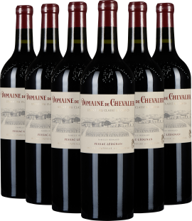 Sechs dunkle Weinflaschen mit rotem Etikett und ländlicher Illustration.