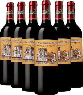 Sechs Rotweinflaschen mit roten Kapseln und historischen Gebäudeetiketten in Braun- und Gelbtönen.