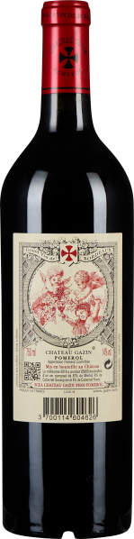 Dunkle Weinflasche mit rotem Etikett, verziertem Siegel und klassischer Illustration.