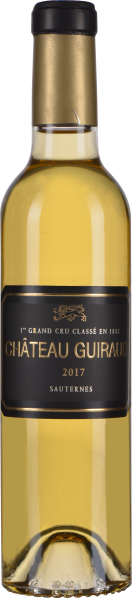 Goldener Wein in eleganter Flasche mit schwarzem Etikett.