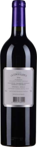 Dunkle Weinflasche mit violettem Metallkorken, etikettiert auf hellem Hintergrund.