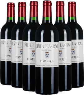 Sechser-Set Rotweinflaschen mit roten Kapseln und eleganten Etiketten.