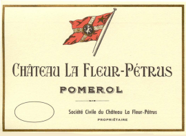 Weinetikett mit roter Flagge, schwarzem Text und Goldrand.