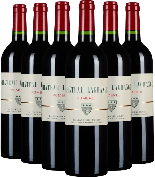 Sechserpack Château Lagrange Weinflaschen mit roten Kapseln und elegantem Etikett.