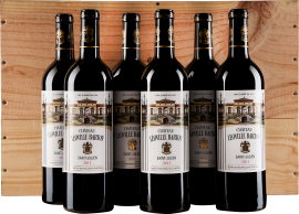 Sechs dunkle Weinflaschen vor Holzkiste, elegante Etiketten mit Châteaudarstellung.