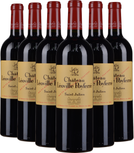 Sechser-Set Rotweinflaschen mit goldenen Etiketten und rotem Kapselverschluss.