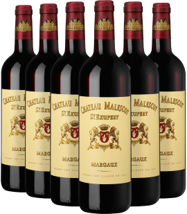 Sechs Flaschen Rotwein mit cremefarbenen Etiketten und rotem Wappenmotiv.