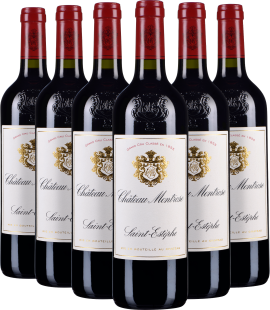 Sechs Flaschen Rotwein mit rotem Siegel, elegantes Etikett mit goldenen Wappen.