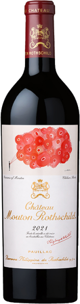 Rotweinflasche mit leuchtend rotem Traubendesign auf dem Etikett.