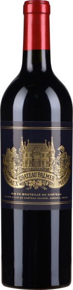 Dunkle Weinflasche mit rotem Verschluss und goldener Etikettverzierung.