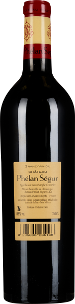 Dunkle Weinflasche mit beiger, roter und gelber Etikettierung.