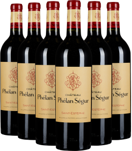 Sechs elegante Weinflaschen mit cremefarbenem Etikett und rotem Wappen.