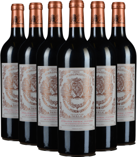 Sechs Weinflaschen mit goldenen Etiketten und kupferfarbenen Verschlüssen in Reihe.