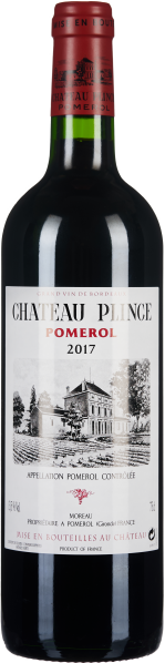 Weinflasche mit rotem Etikett und klassischer Chateau-Abbildung.