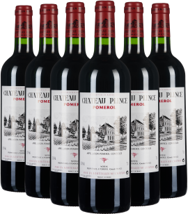 Sechser-Set Rotweinflaschen mit roten Kapseln und illustriertem Etikett.