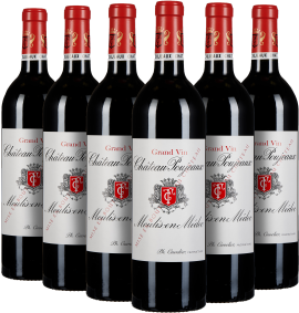 Sechser-Set Rotweinflaschen mit roten Kapseln und elegantem Wappenetikett.