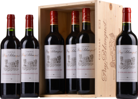 Sechserpack Rotweinflaschen in Holzkiste mit elegantem Etikettendesign.