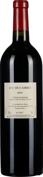 Dunkle Weinflasche mit rotem Verschluss und schlichtem cremefarbenen Etikett.