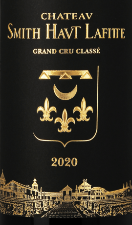 Schwarzes Weinetikett mit goldener Schrift und dekorativem Emblem.