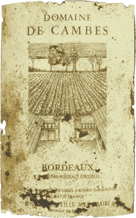 Vintage Weinetikett mit rustikalem Weingut-Illustration und gealtertem Papierlook.
