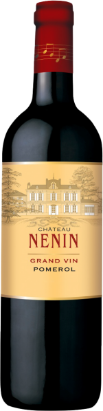 Dunkle Weinflasche mit rotem Kapselverschluss und gelbem Etikett, klassische Architektur skizziert.