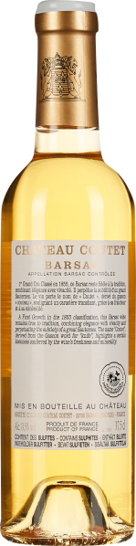 Goldene Weinflasche mit stilvollem Etikett und elegantem, transparenter Verschluss.