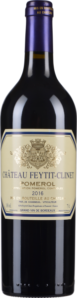 Dunkle Weinflasche mit goldfarbenem Etikett und blauer Kapsel.