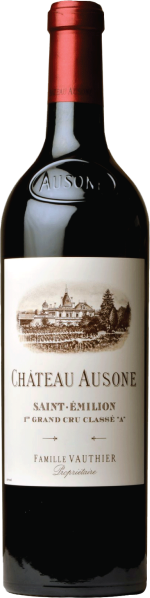 Weinflasche mit rotem Hals und klassischem Château-Label in Sepiatönen.