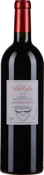 Dunkle Weinflasche mit rotem Kapsel, schlichtem Etikett.