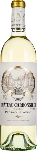 Flasche Weißwein mit elegantem Etikett, auf dem ein herrschaftliches Château abgebildet ist. Die Flasche hat eine goldene Kapsel und das Etikett betont hochwertige und klassische Akzente.